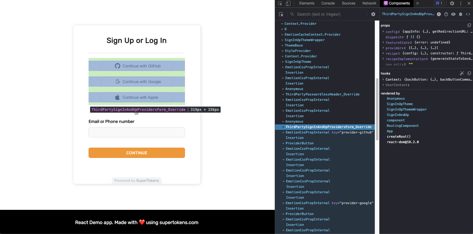 Checking which component from the prebuilt UI will be overridden using React Developer Tools extension